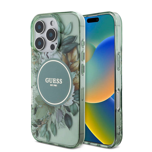 Apple iPhone 16 Pro Kılıf Guess Orjinal Lisanslı M-safe Şarj Özellikli IML Baskılı Çiçek İnci Bileklikli Kapak Yeşil