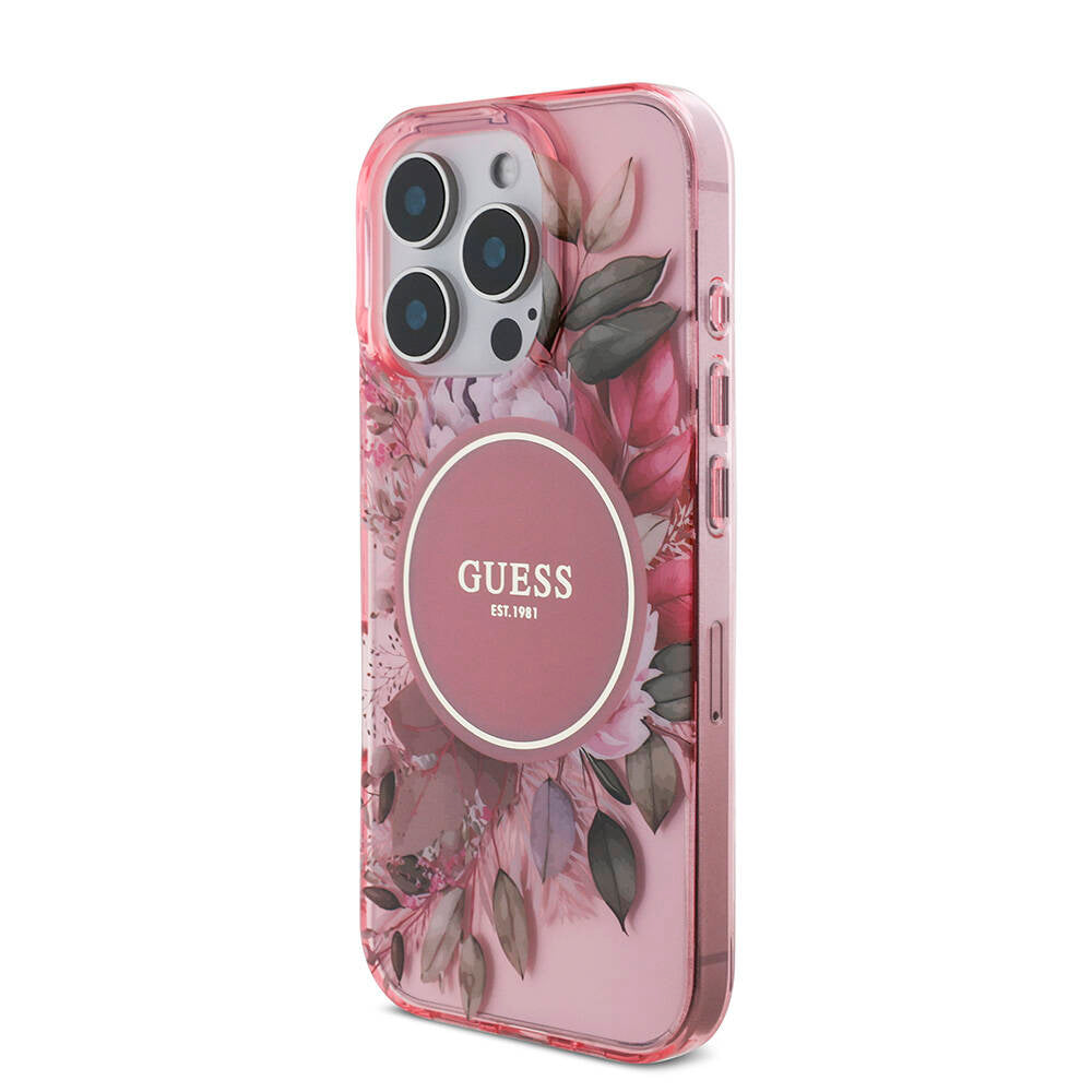 Apple iPhone 16 Pro Kılıf Guess Orjinal Lisanslı M-safe Şarj Özellikli IML Baskılı Çiçek İnci Bileklikli Kapak Pembe