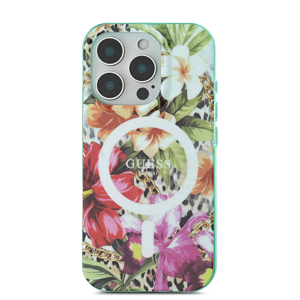 Apple iPhone 16 Pro Kılıf Guess Orjinal Lisanslı M-safe Şarj Özellikli IML Baskılı Jungle Ring Kapak Mor