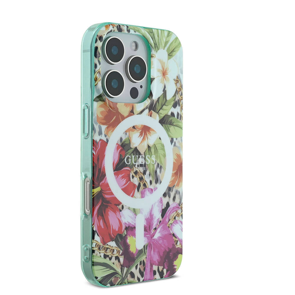 Apple iPhone 16 Pro Kılıf Guess Orjinal Lisanslı M-safe Şarj Özellikli IML Baskılı Jungle Ring Kapak Mor