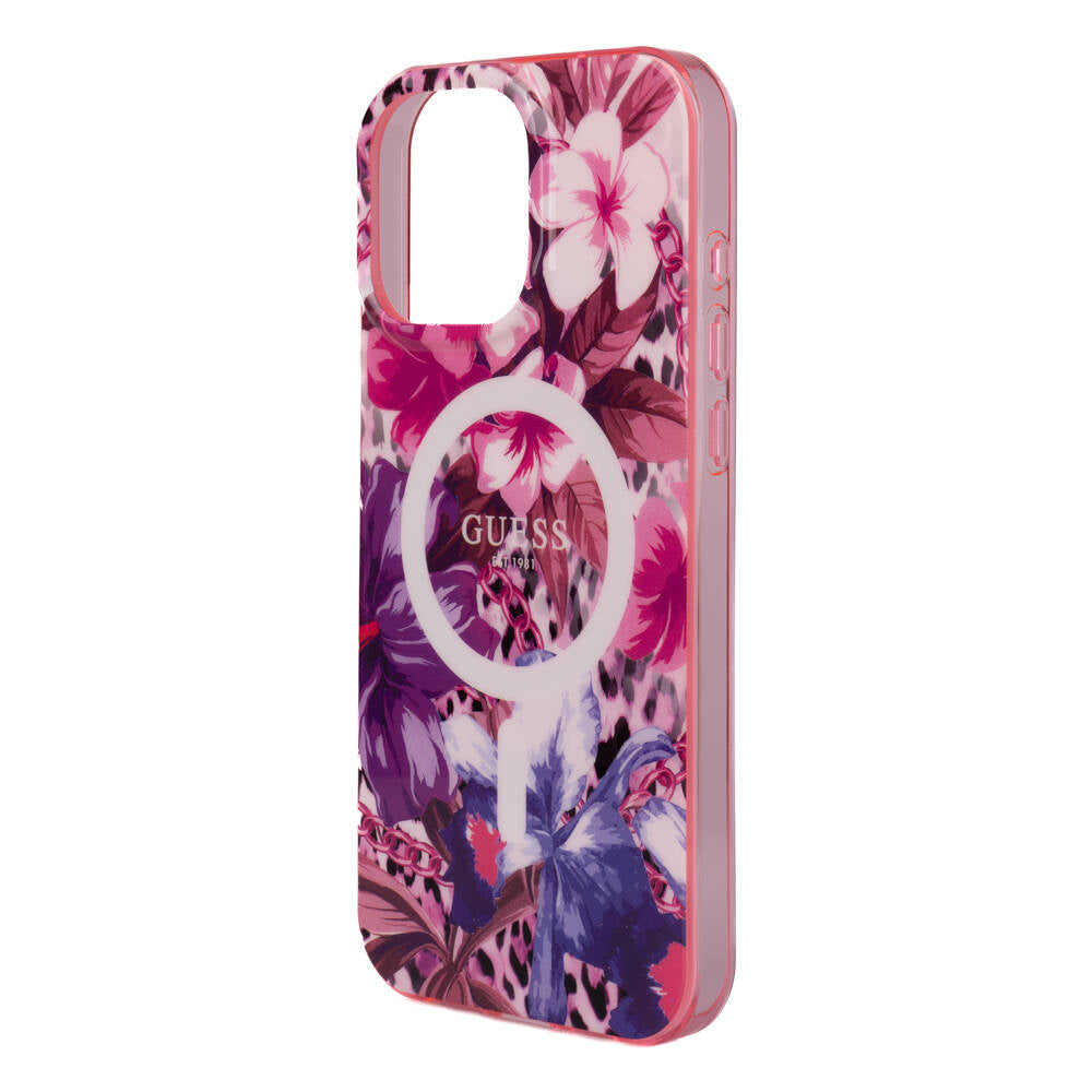 Apple iPhone 16 Pro Kılıf Guess Orjinal Lisanslı M-safe Şarj Özellikli IML Baskılı Jungle Ring Kapak Mor