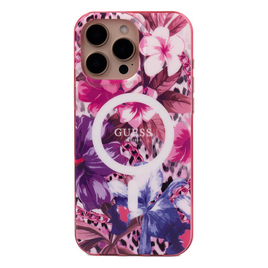 Apple iPhone 16 Pro Kılıf Guess Orjinal Lisanslı M-safe Şarj Özellikli IML Baskılı Jungle Ring Kapak Mor