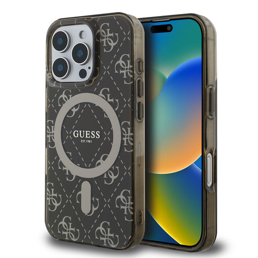 Apple iPhone 16 Pro Kılıf Guess Orjinal Lisanslı M-safe Şarj Özellikli IML Baskılı Klasik Logolu 4G Desenli Kapak Kahverengi