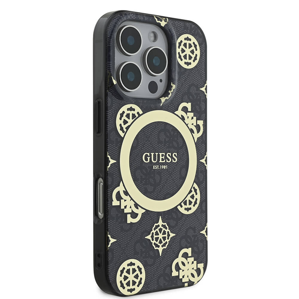 Apple iPhone 16 Pro Kılıf Guess Orjinal Lisanslı M-safe Şarj Özellikli IML Peony ve 4G Desenli Klasik Logolu Kapak Kahverengi