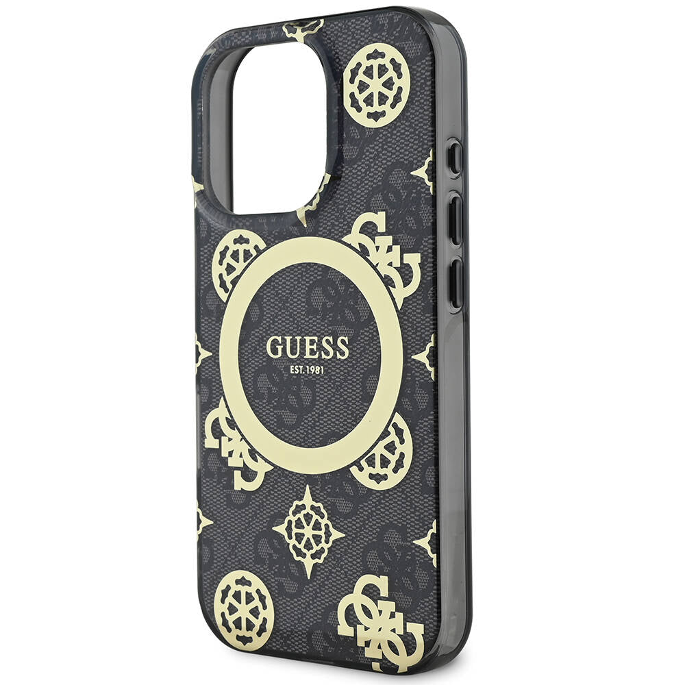 Apple iPhone 16 Pro Kılıf Guess Orjinal Lisanslı M-safe Şarj Özellikli IML Peony ve 4G Desenli Klasik Logolu Kapak Kahverengi