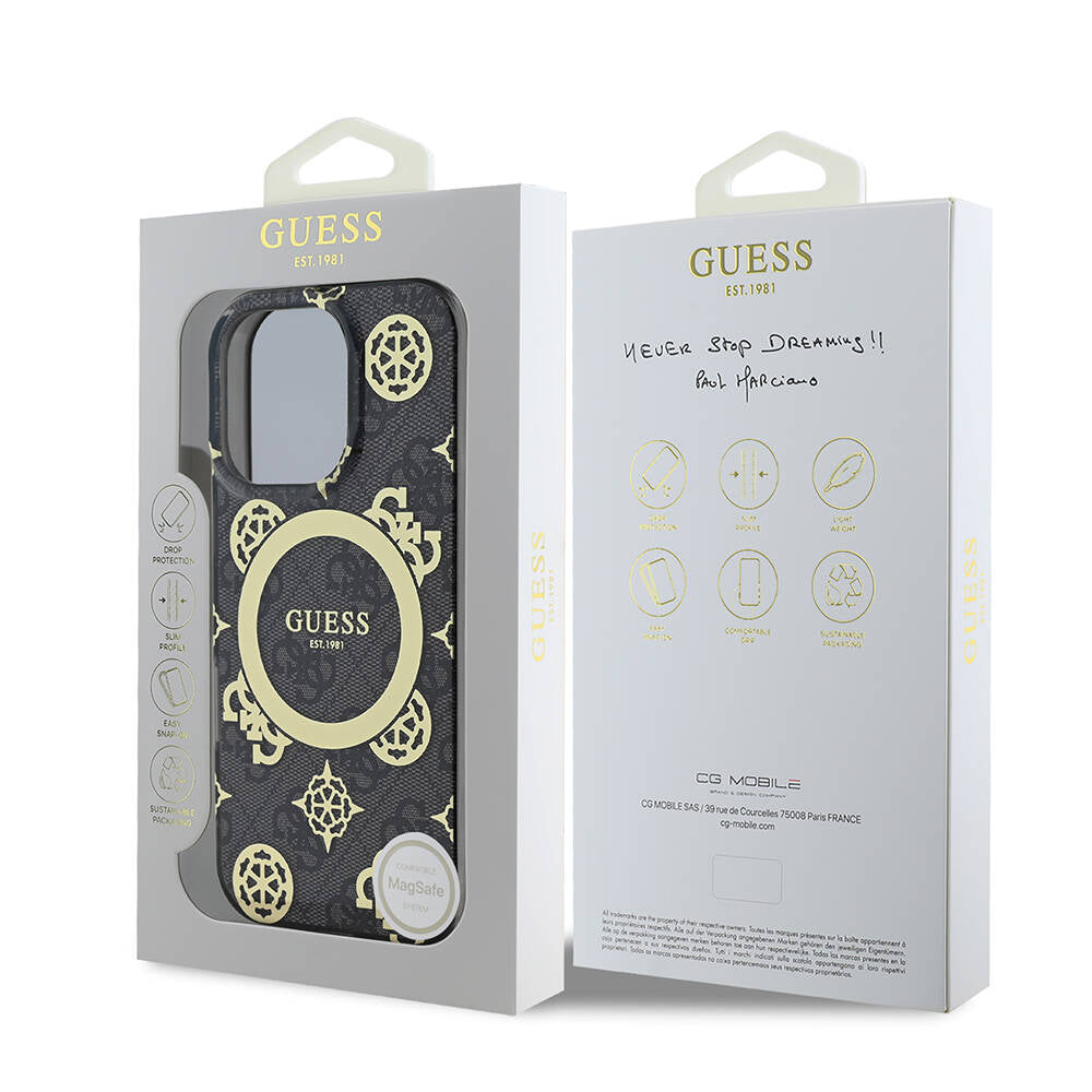 Apple iPhone 16 Pro Kılıf Guess Orjinal Lisanslı M-safe Şarj Özellikli IML Peony ve 4G Desenli Klasik Logolu Kapak Pembe