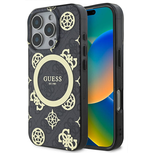 Apple iPhone 16 Pro Kılıf Guess Orjinal Lisanslı M-safe Şarj Özellikli IML Peony ve 4G Desenli Klasik Logolu Kapak Kahverengi