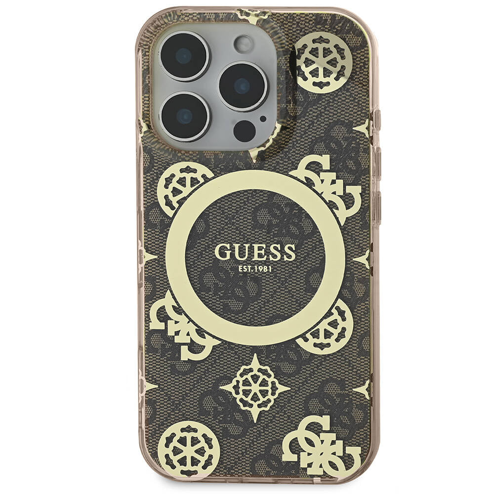 Apple iPhone 16 Pro Kılıf Guess Orjinal Lisanslı M-safe Şarj Özellikli IML Peony ve 4G Desenli Klasik Logolu Kapak Pembe