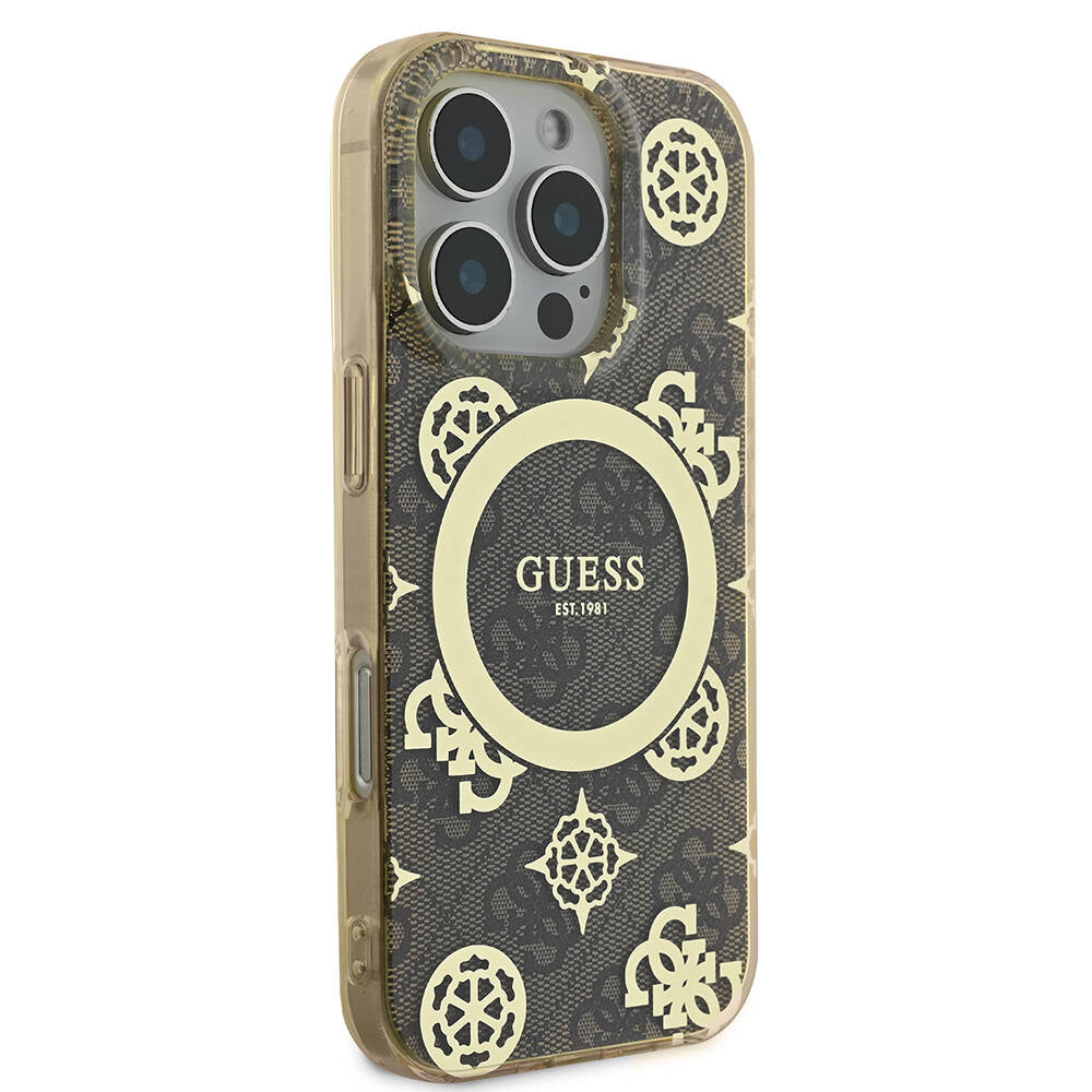 Apple iPhone 16 Pro Kılıf Guess Orjinal Lisanslı M-safe Şarj Özellikli IML Peony ve 4G Desenli Klasik Logolu Kapak Kahverengi