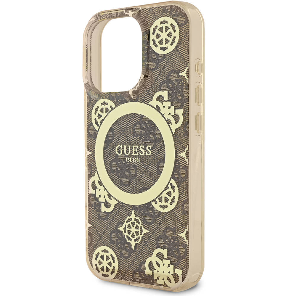 Apple iPhone 16 Pro Kılıf Guess Orjinal Lisanslı M-safe Şarj Özellikli IML Peony ve 4G Desenli Klasik Logolu Kapak Pembe