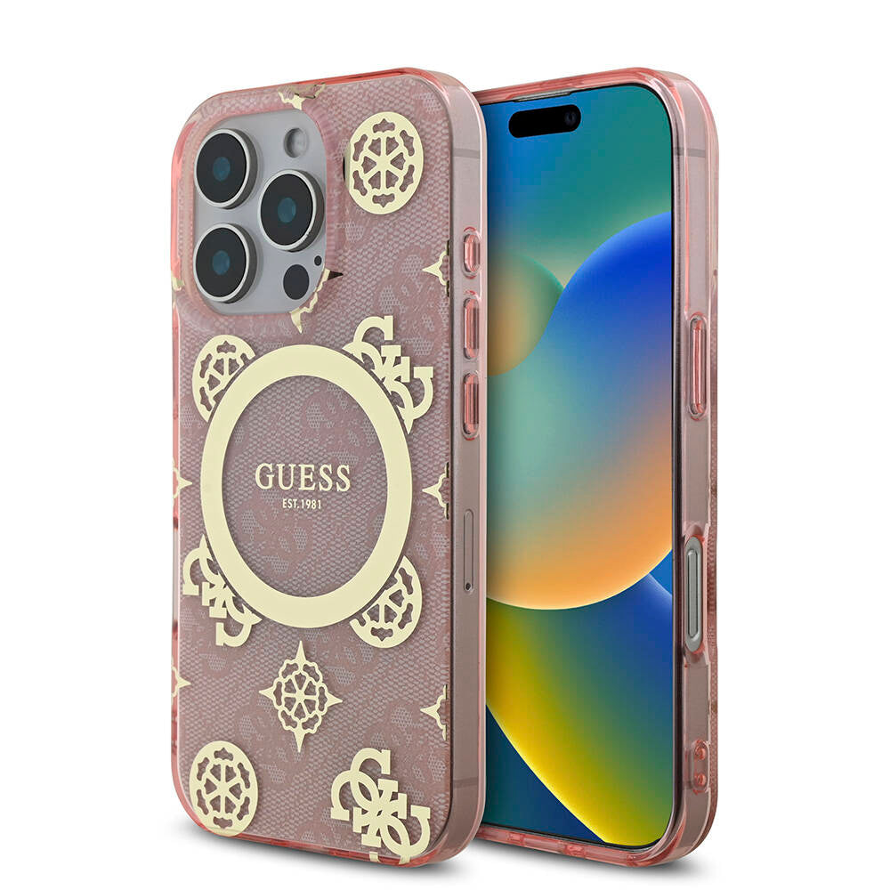 Apple iPhone 16 Pro Kılıf Guess Orjinal Lisanslı M-safe Şarj Özellikli IML Peony ve 4G Desenli Klasik Logolu Kapak Kahverengi