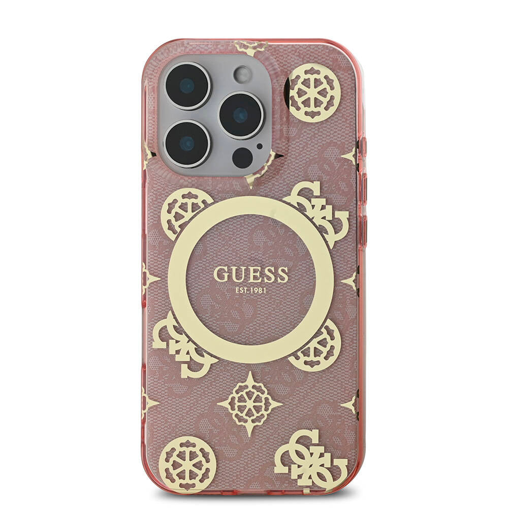 Apple iPhone 16 Pro Kılıf Guess Orjinal Lisanslı M-safe Şarj Özellikli IML Peony ve 4G Desenli Klasik Logolu Kapak Pembe