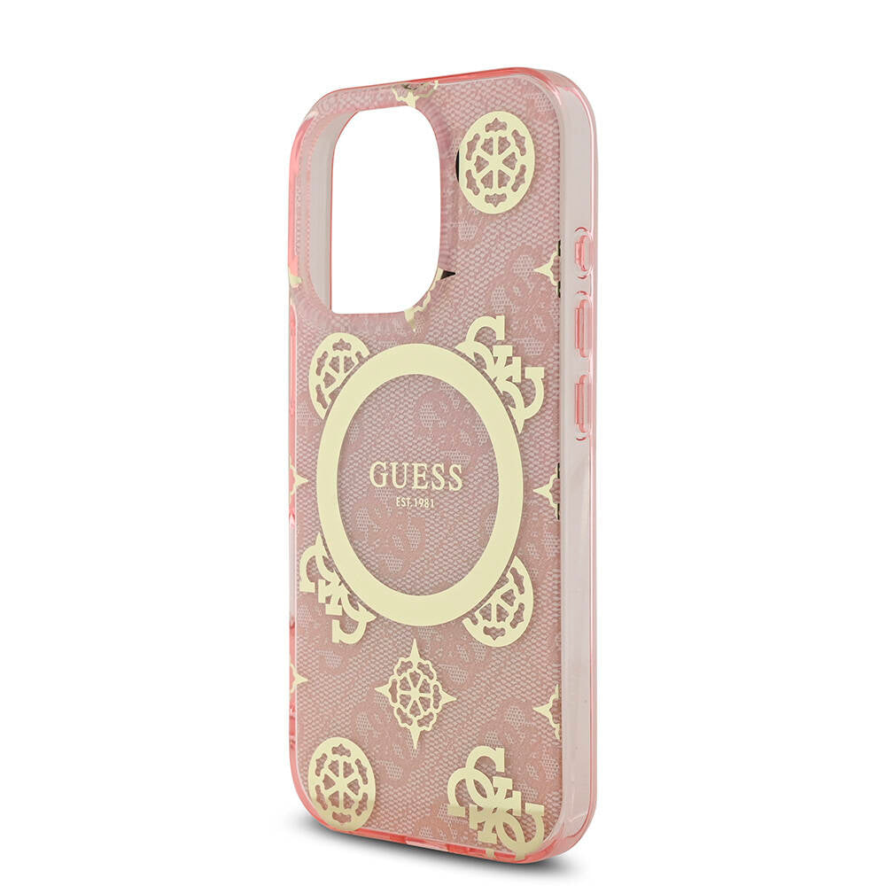 Apple iPhone 16 Pro Kılıf Guess Orjinal Lisanslı M-safe Şarj Özellikli IML Peony ve 4G Desenli Klasik Logolu Kapak Kahverengi
