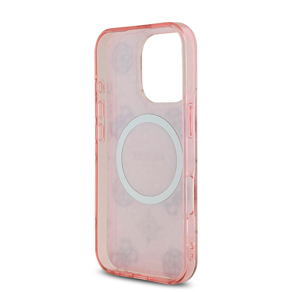 Apple iPhone 16 Pro Kılıf Guess Orjinal Lisanslı M-safe Şarj Özellikli IML Peony ve 4G Desenli Klasik Logolu Kapak Kahverengi