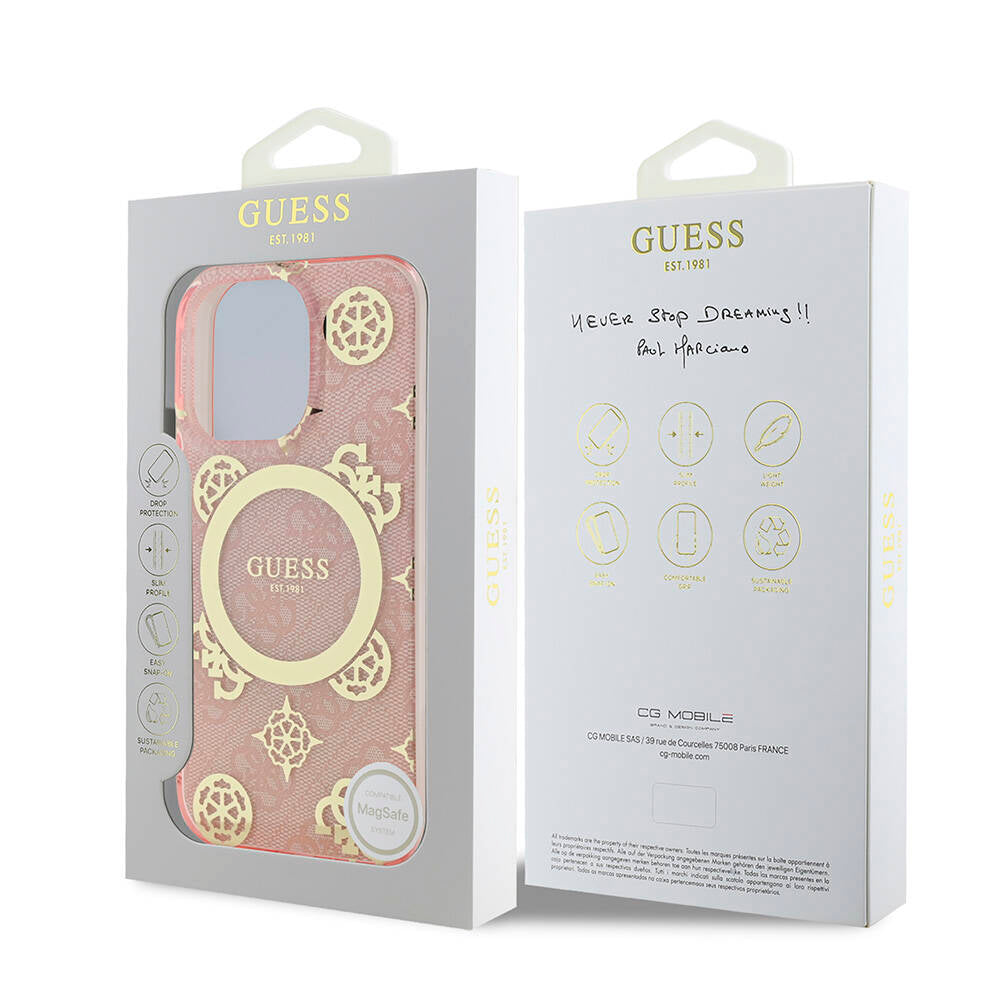 Apple iPhone 16 Pro Kılıf Guess Orjinal Lisanslı M-safe Şarj Özellikli IML Peony ve 4G Desenli Klasik Logolu Kapak Pembe