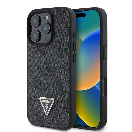 Apple iPhone 16 Pro Kılıf Guess Orjinal Lisanslı M-safe Şarj Özellikli PU Deri 4G Desenli Taşlı Üçgen Logolu Kapak Siyah