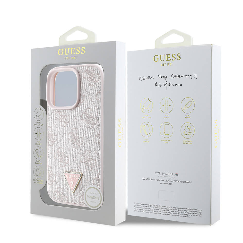 Apple iPhone 16 Pro Kılıf Guess Orjinal Lisanslı M-safe Şarj Özellikli PU Deri 4G Desenli Taşlı Üçgen Logolu Kapak Pembe