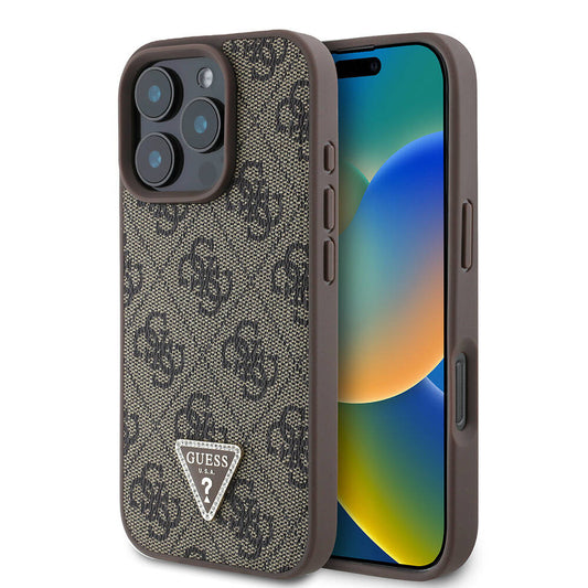 Apple iPhone 16 Pro Kılıf Guess Orjinal Lisanslı M-safe Şarj Özellikli PU Deri 4G Desenli Taşlı Üçgen Logolu Kapak Pembe