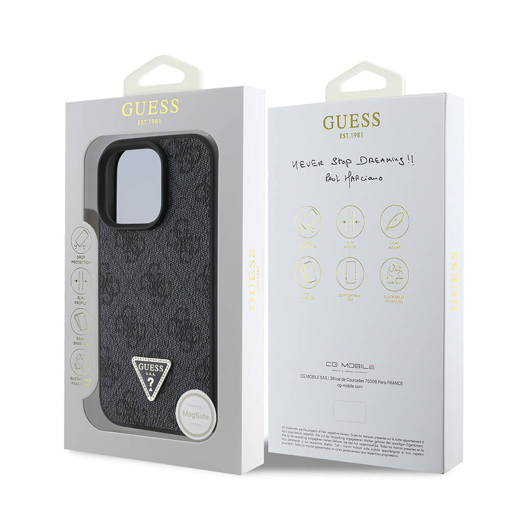 Apple iPhone 16 Pro Kılıf Guess Orjinal Lisanslı M-safe Şarj Özellikli PU Deri 4G Desenli Taşlı Üçgen Logolu Kapak Pembe