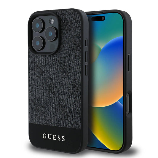 Apple iPhone 16 Pro Kılıf Guess Orjinal Lisanslı M-safe Şarj Özellikli PU Deri Şerit Logo Dizaynlı Kapak Siyah