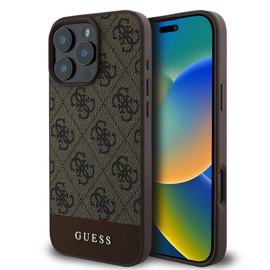 Apple iPhone 16 Pro Kılıf Guess Orjinal Lisanslı M-safe Şarj Özellikli PU Deri Şerit Logo Dizaynlı Kapak Siyah