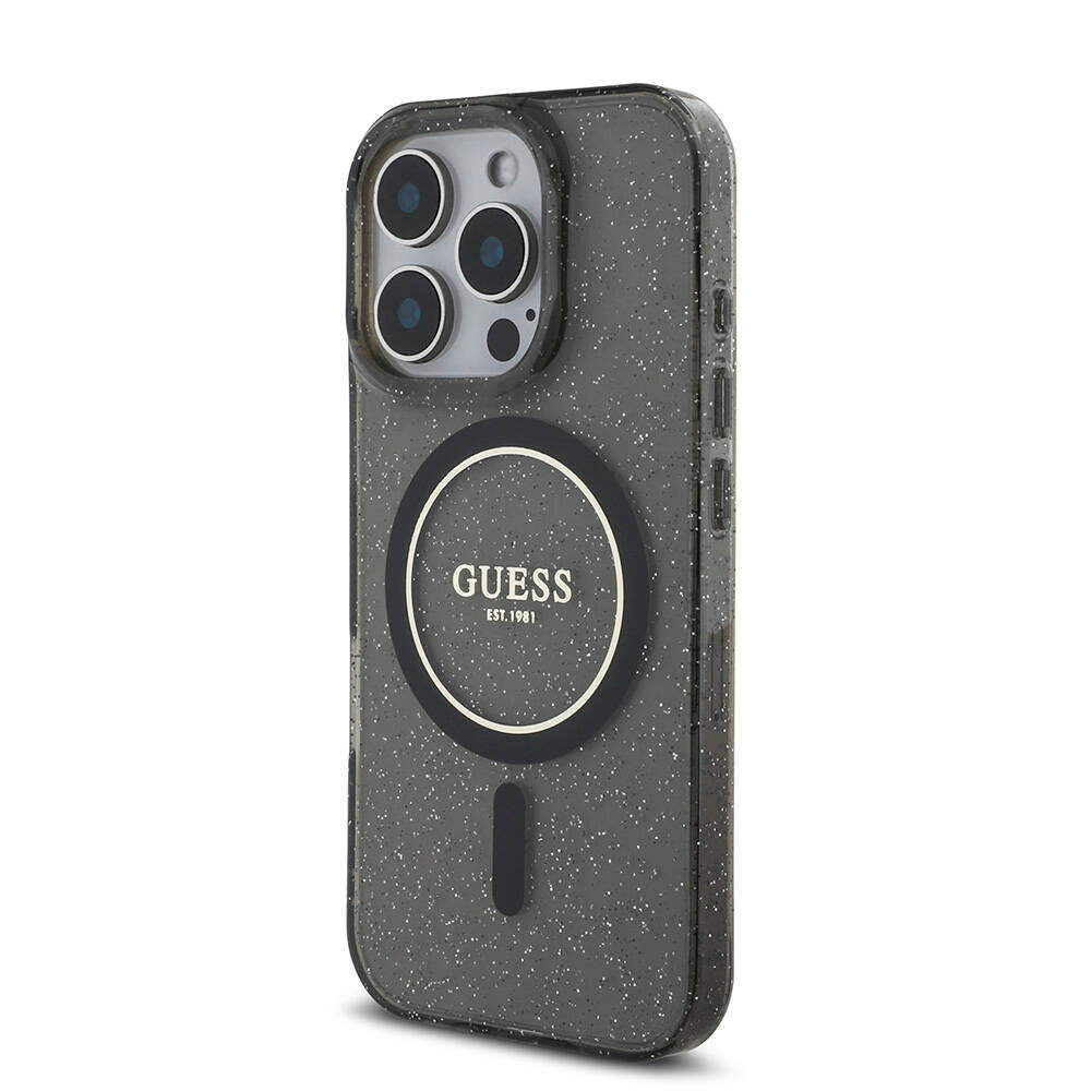 Apple iPhone 16 Pro Kılıf Guess Orjinal Lisanslı M-safe Şarj Özellikli Simli Silikon İnci Bileklikli Kapak Siyah