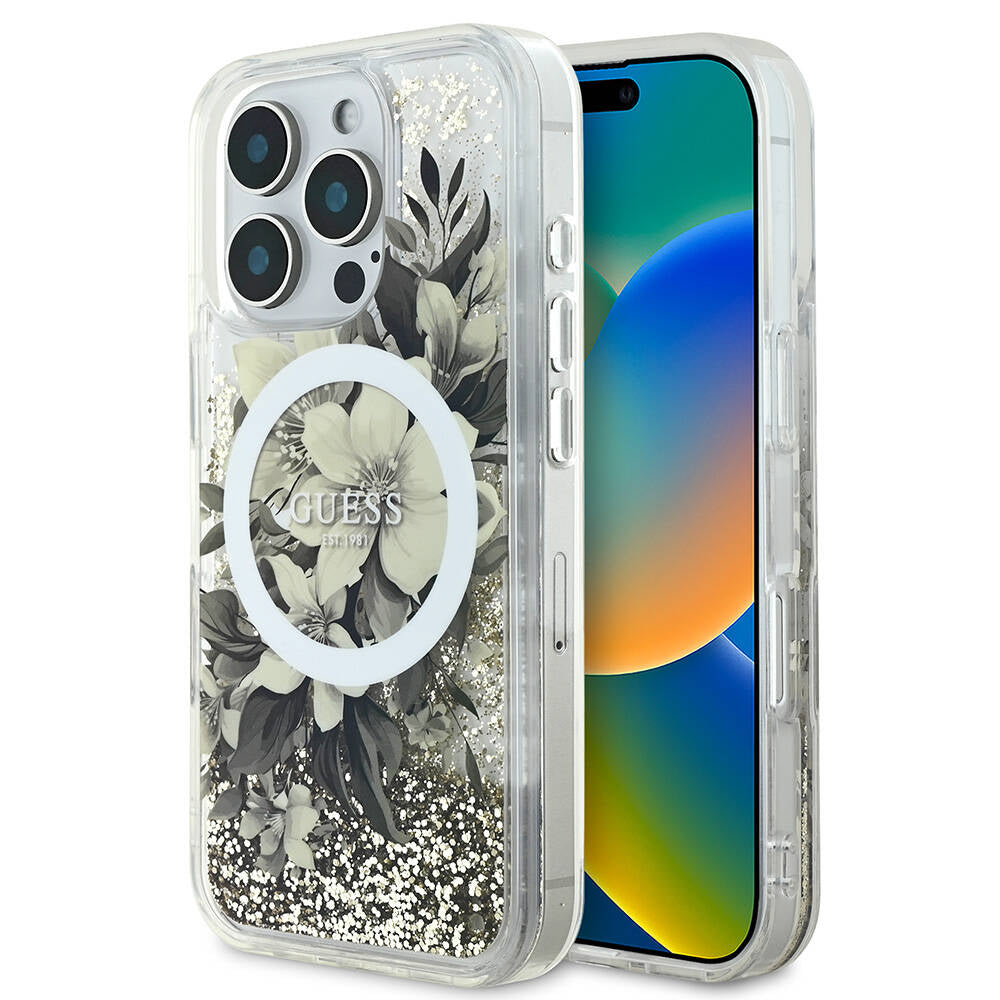 Apple iPhone 16 Pro Kılıf Guess Orjinal Lisanslı M-safe Şarj Özellikli Sıvılı Simli Çiçek Desenli Kapak Mor