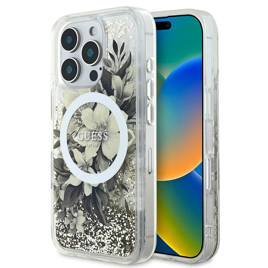 Apple iPhone 16 Pro Kılıf Guess Orjinal Lisanslı M-safe Şarj Özellikli Sıvılı Simli Çiçek Desenli Kapak Mor