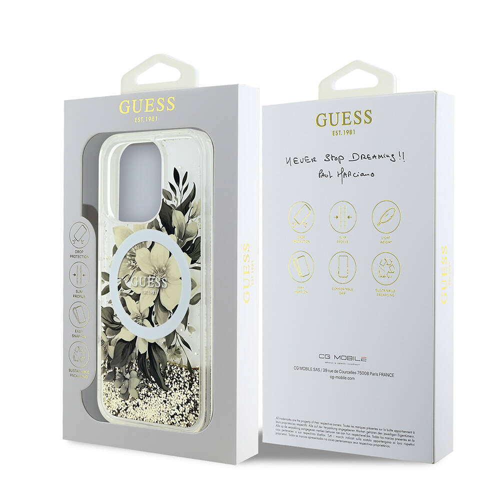 Apple iPhone 16 Pro Kılıf Guess Orjinal Lisanslı M-safe Şarj Özellikli Sıvılı Simli Çiçek Desenli Kapak Pembe
