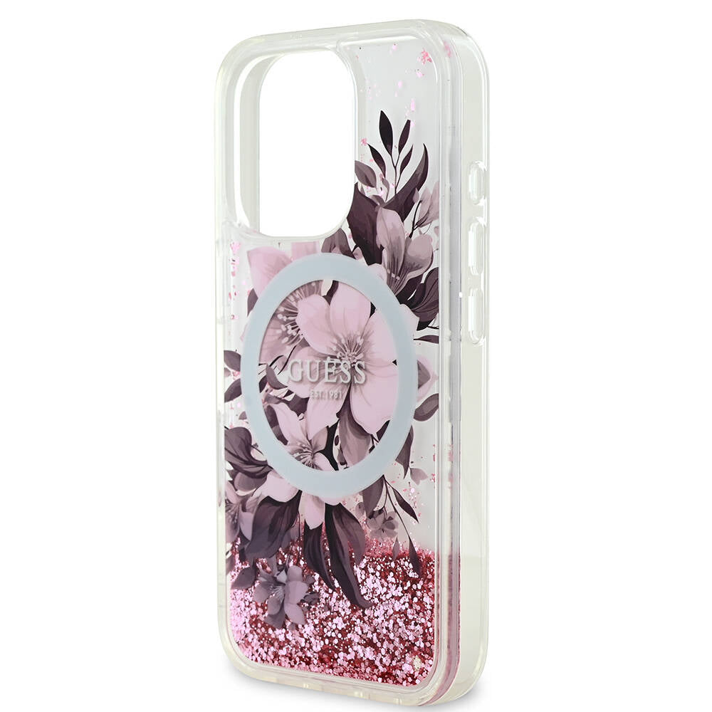Apple iPhone 16 Pro Kılıf Guess Orjinal Lisanslı M-safe Şarj Özellikli Sıvılı Simli Çiçek Desenli Kapak Pembe