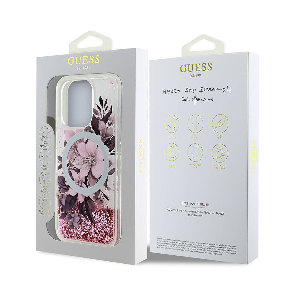 Apple iPhone 16 Pro Kılıf Guess Orjinal Lisanslı M-safe Şarj Özellikli Sıvılı Simli Çiçek Desenli Kapak Mor
