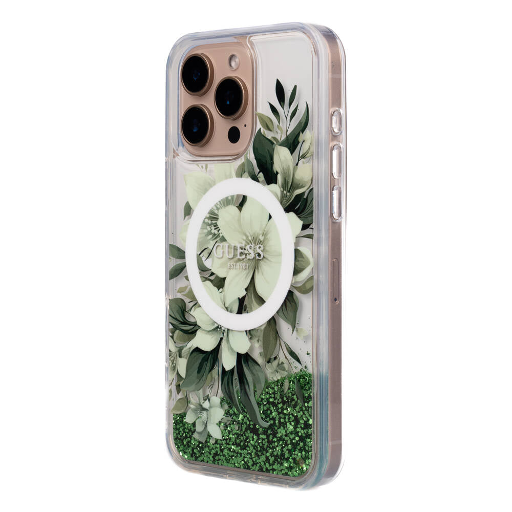 Apple iPhone 16 Pro Kılıf Guess Orjinal Lisanslı M-safe Şarj Özellikli Sıvılı Simli Çiçek Desenli Kapak Pembe