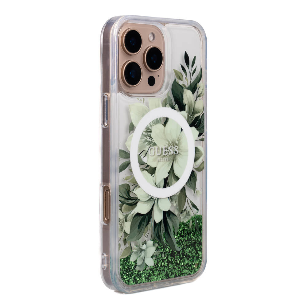 Apple iPhone 16 Pro Kılıf Guess Orjinal Lisanslı M-safe Şarj Özellikli Sıvılı Simli Çiçek Desenli Kapak Pembe