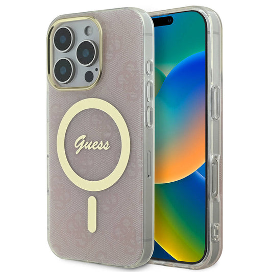 Apple iPhone 16 Pro Kılıf Guess Orjinal Lisanslı M-safe Şarj Özellikli Yazı Logolu 4G Desenli Kapak Pembe