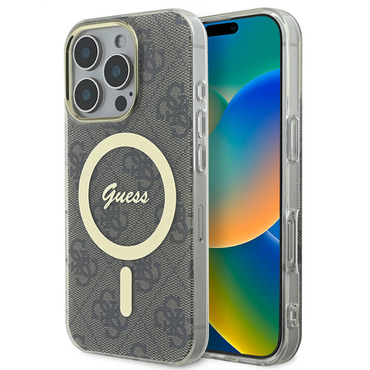 Apple iPhone 16 Pro Kılıf Guess Orjinal Lisanslı M-safe Şarj Özellikli Yazı Logolu 4G Desenli Kapak Kahverengi