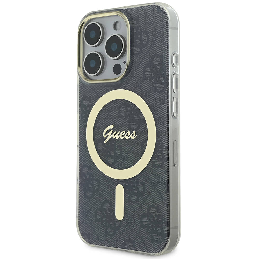 Apple iPhone 16 Pro Kılıf Guess Orjinal Lisanslı M-safe Şarj Özellikli Yazı Logolu 4G Desenli Kapak Kahverengi