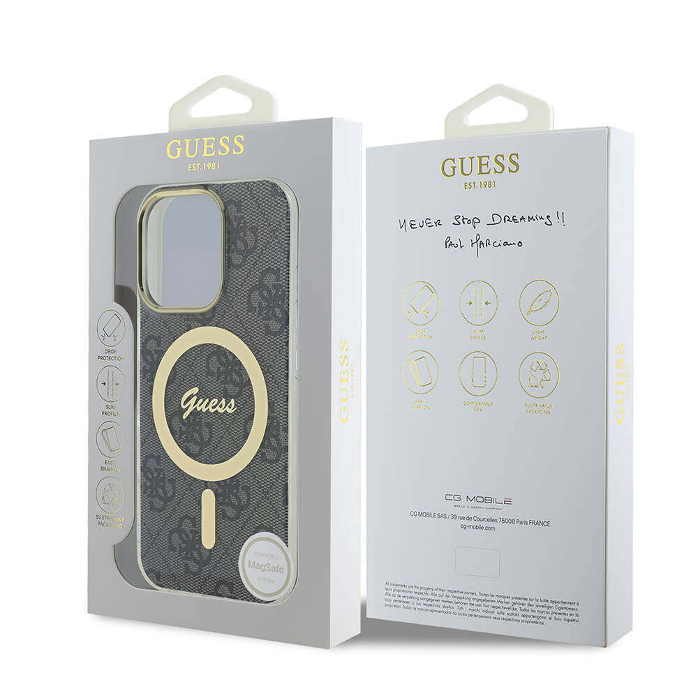 Apple iPhone 16 Pro Kılıf Guess Orjinal Lisanslı M-safe Şarj Özellikli Yazı Logolu 4G Desenli Kapak Kahverengi