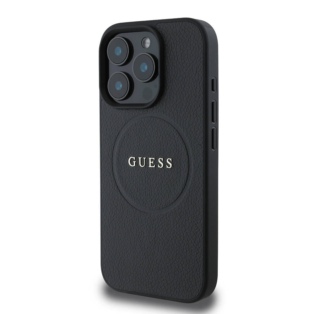 Apple iPhone 16 Pro Kılıf Guess Orjinal Lisanslı M-safe Şarj Özellikli Yazı Logolu Grained Kapak Siyah