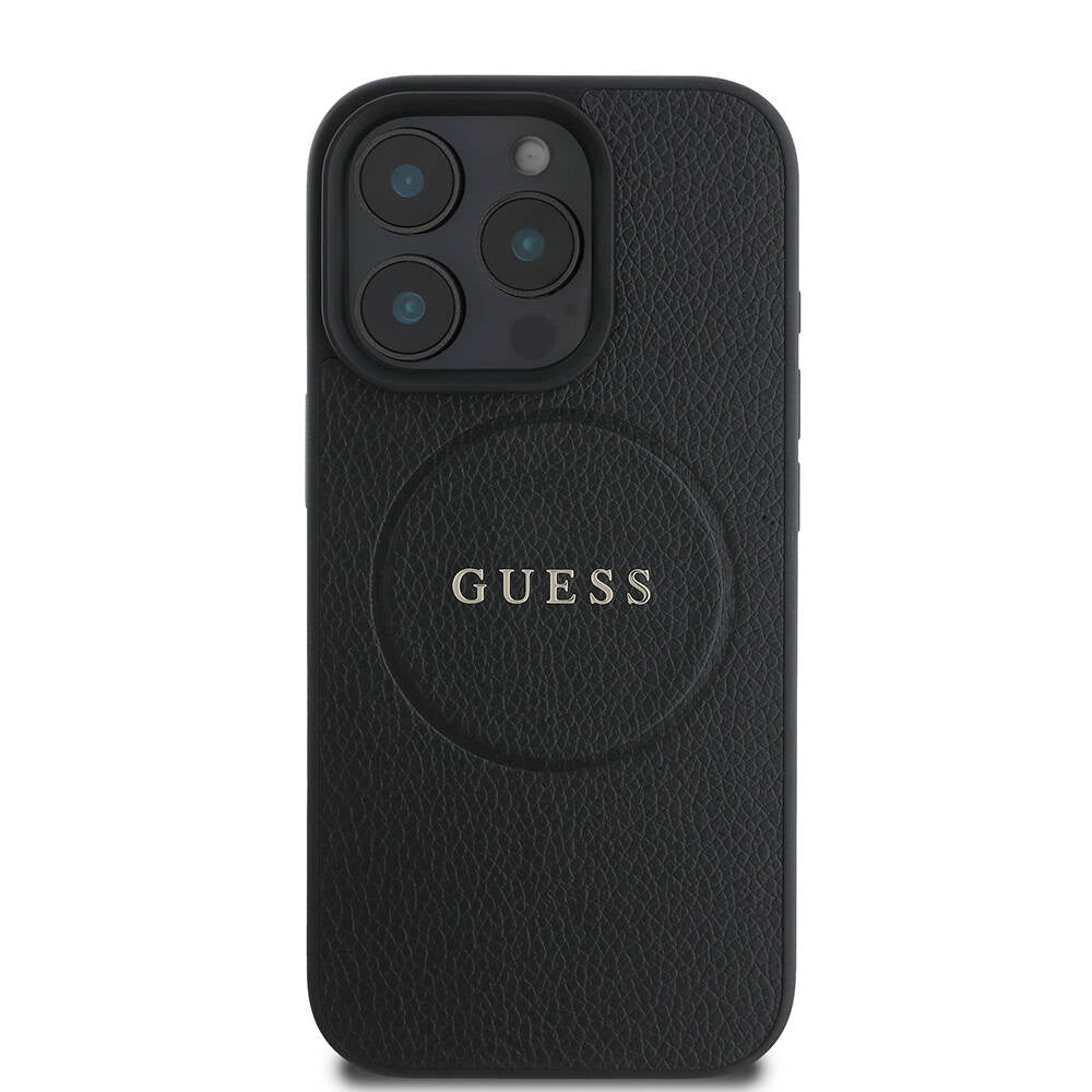 Apple iPhone 16 Pro Kılıf Guess Orjinal Lisanslı M-safe Şarj Özellikli Yazı Logolu Grained Kapak Siyah