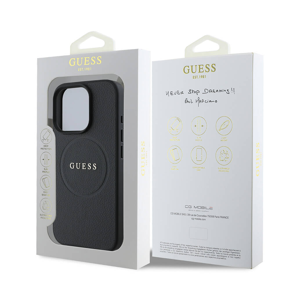 Apple iPhone 16 Pro Kılıf Guess Orjinal Lisanslı M-safe Şarj Özellikli Yazı Logolu Grained Kapak Siyah