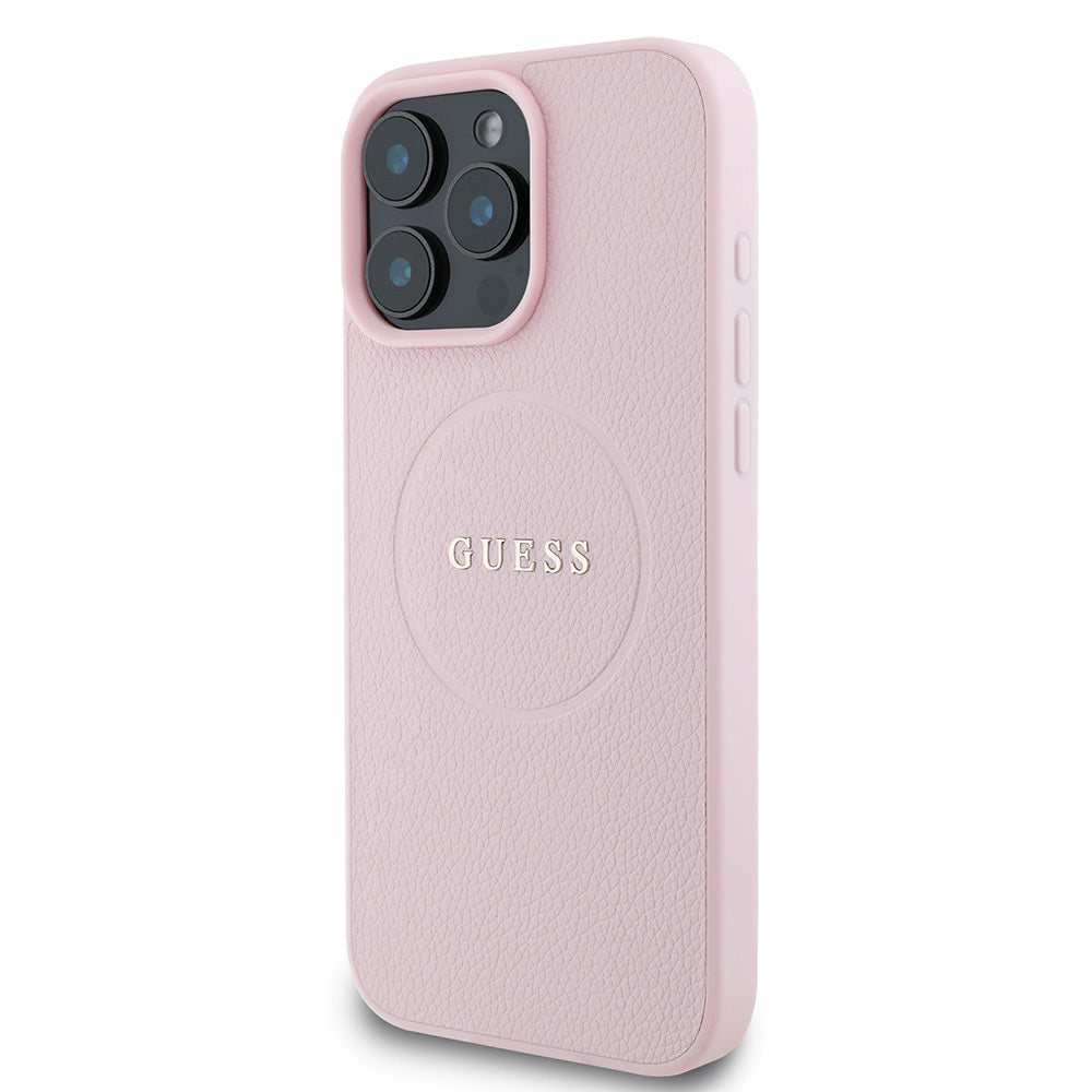 Apple iPhone 16 Pro Kılıf Guess Orjinal Lisanslı M-safe Şarj Özellikli Yazı Logolu Grained Kapak Siyah