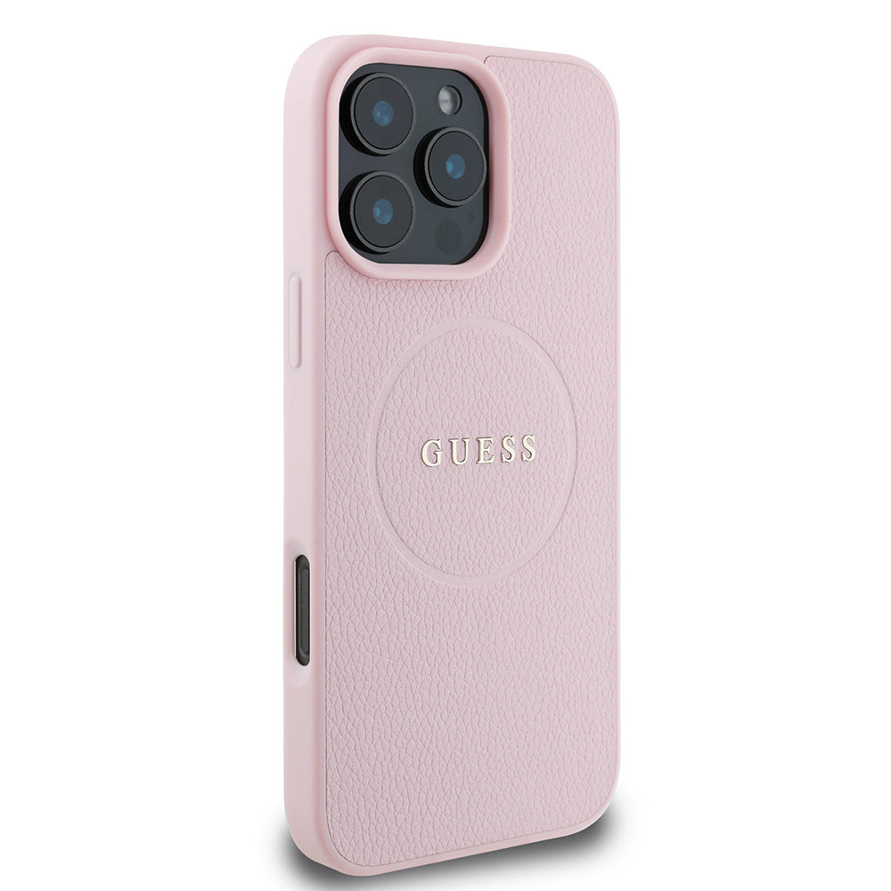 Apple iPhone 16 Pro Kılıf Guess Orjinal Lisanslı M-safe Şarj Özellikli Yazı Logolu Grained Kapak Siyah