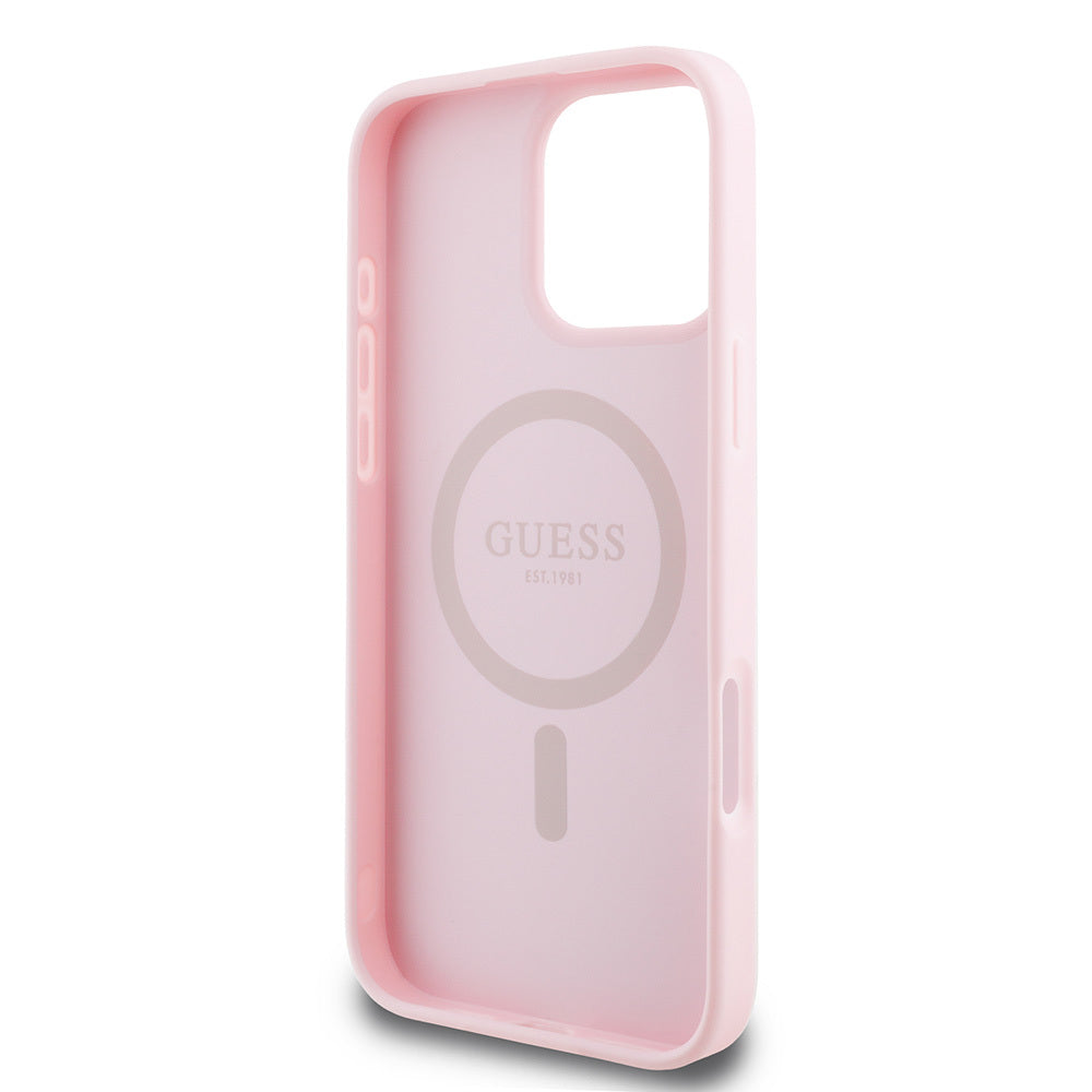 Apple iPhone 16 Pro Kılıf Guess Orjinal Lisanslı M-safe Şarj Özellikli Yazı Logolu Grained Kapak Siyah