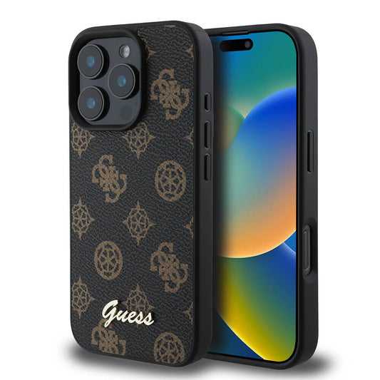 Apple iPhone 16 Pro Kılıf Guess Orjinal Lisanslı M-safe Şarj Özellikli Yazı Logolu Peony Kapak Kahverengi