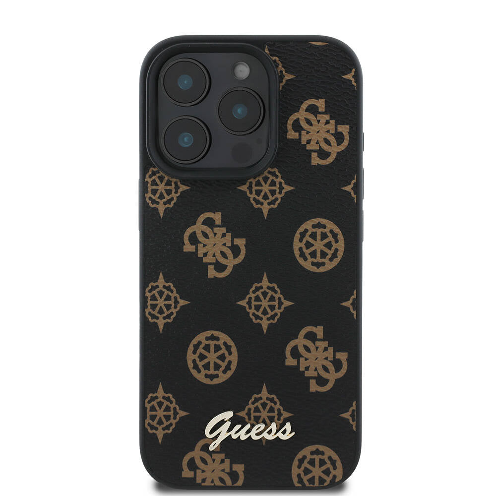 Apple iPhone 16 Pro Kılıf Guess Orjinal Lisanslı M-safe Şarj Özellikli Yazı Logolu Peony Kapak Kahverengi