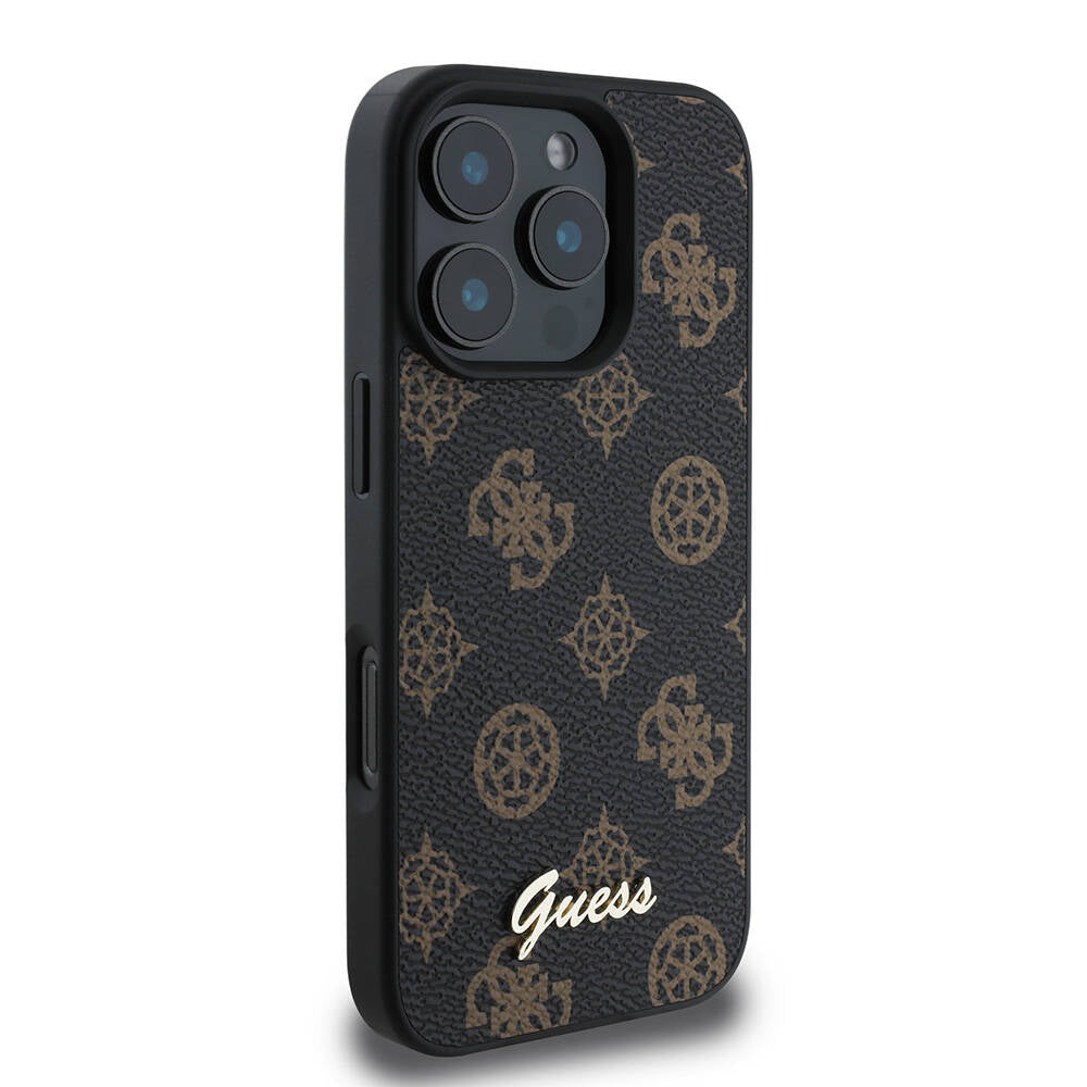 Apple iPhone 16 Pro Kılıf Guess Orjinal Lisanslı M-safe Şarj Özellikli Yazı Logolu Peony Kapak Kahverengi