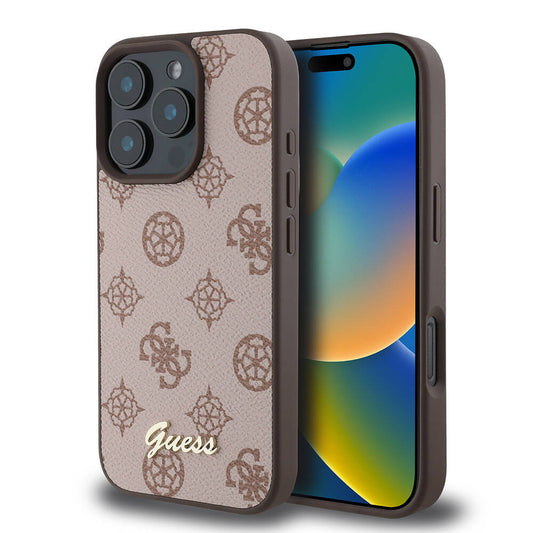 Apple iPhone 16 Pro Kılıf Guess Orjinal Lisanslı M-safe Şarj Özellikli Yazı Logolu Peony Kapak Kahverengi
