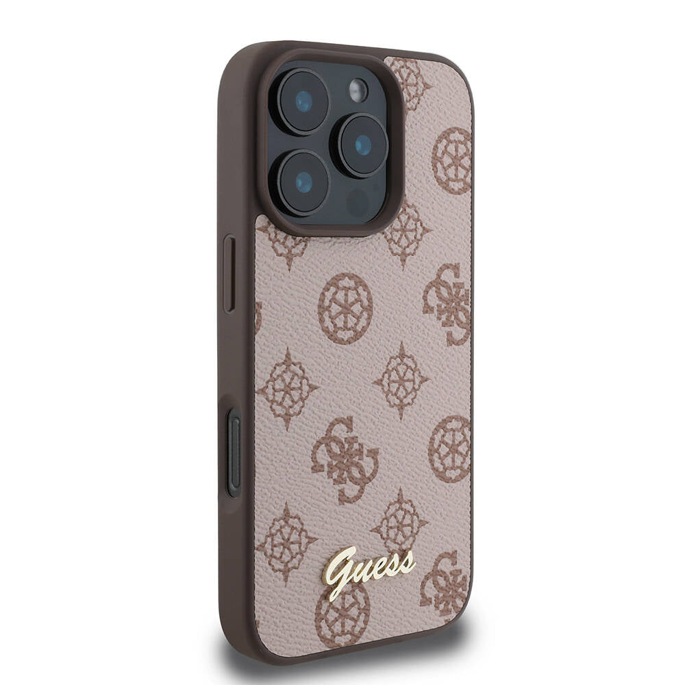 Apple iPhone 16 Pro Kılıf Guess Orjinal Lisanslı M-safe Şarj Özellikli Yazı Logolu Peony Kapak Kahverengi
