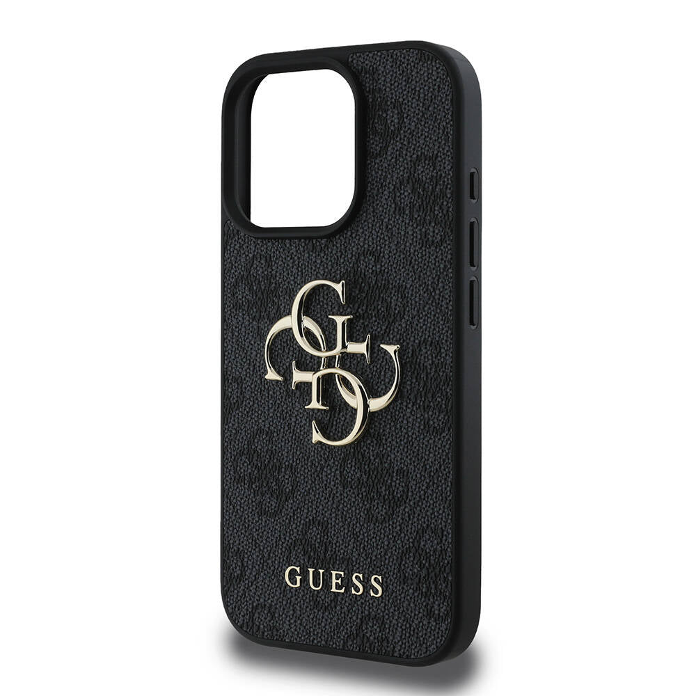 Apple iPhone 16 Pro Kılıf Guess Orjinal Lisanslı PU Deri 4G Desenli Metal Büyük 4G ve Yazı Logolu Kapak Kahverengi