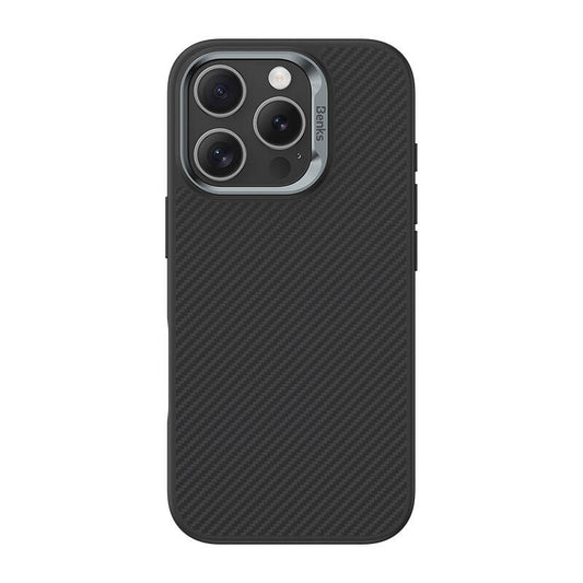 Apple iPhone 16 Pro Kılıf Karbon Fiber M-safe Şarj Özellikli Benks Hybrid ArmorPro 600D Kevlar Kapak Siyah